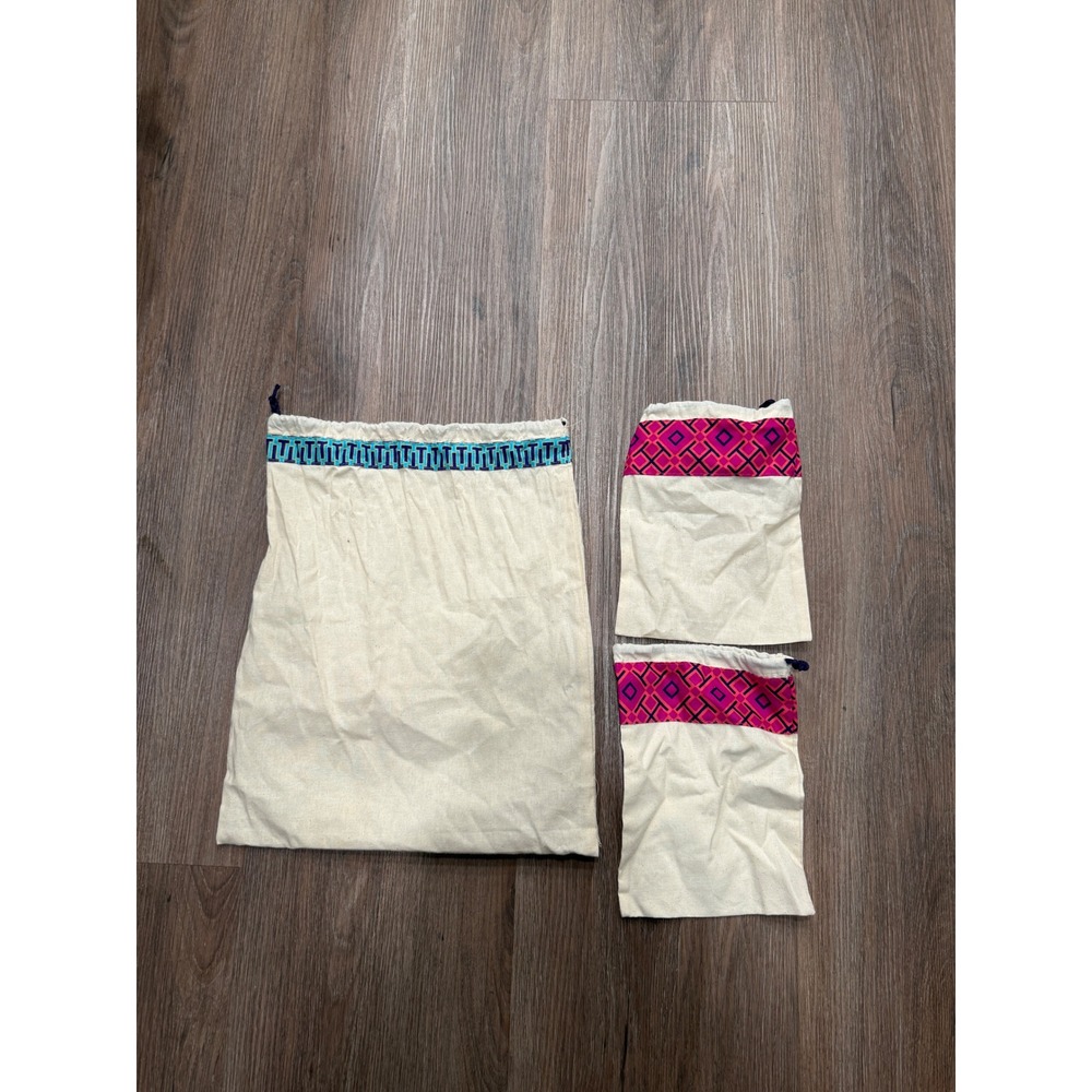 Tory Burch Dust Bag Set 3 Piece Cream Canvas Turquoise Magenta Logo Drawstring